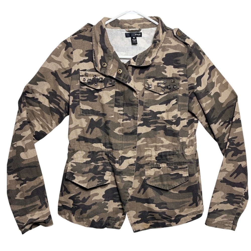 AQUA Camo Utility Jacket‎ Womens Medium Green Good Rhinestone Embellished Cotton